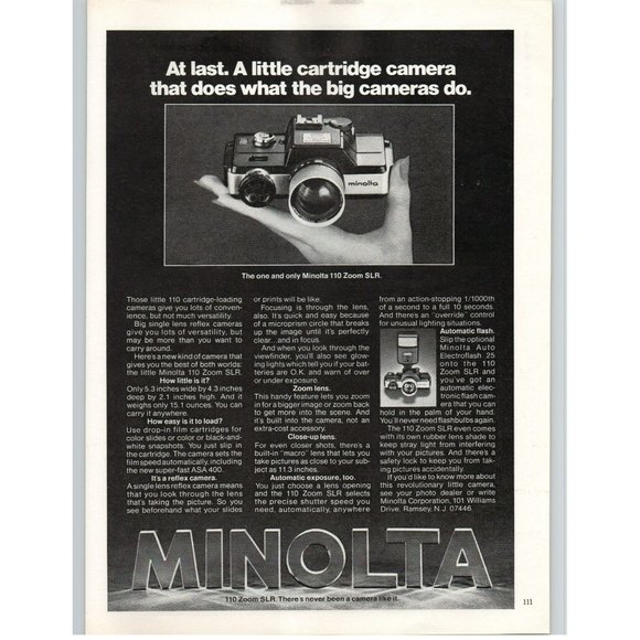 1977 Minolta 110 Zoom SLR Film Camera Vintage Print Ad Photography Art Decor - Picture 1 of 1
